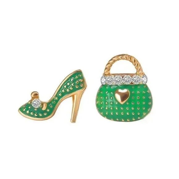 Jewelry - So Cute! 14K Gold Plated High Heels Bag Green Asymmetric Earrings NEW